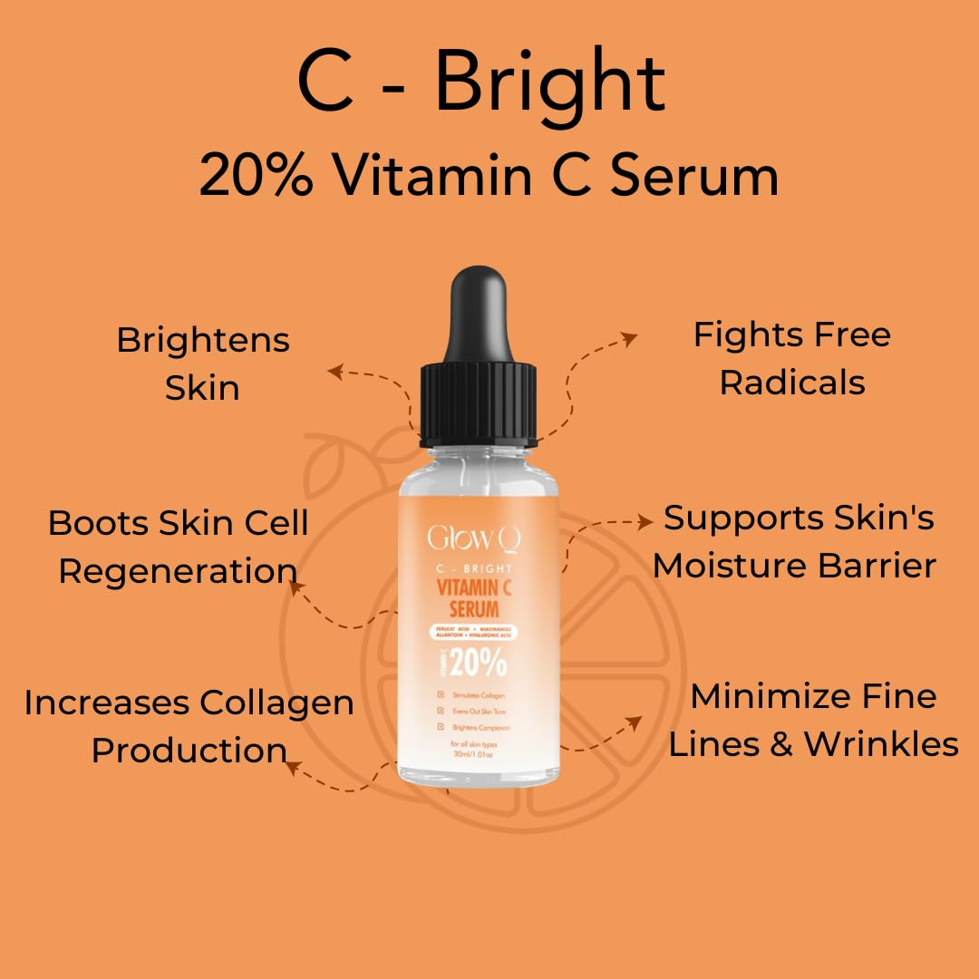 GLOW Q Vitamin C Face Serum- 20% Vitamin C Serum for Face with Niacinamide & Hyaluronic to Help Even Out Skin Tone & Brighten Complexion- Vitamin C Face Serum for Glowing Skin- For All Skin- 30m