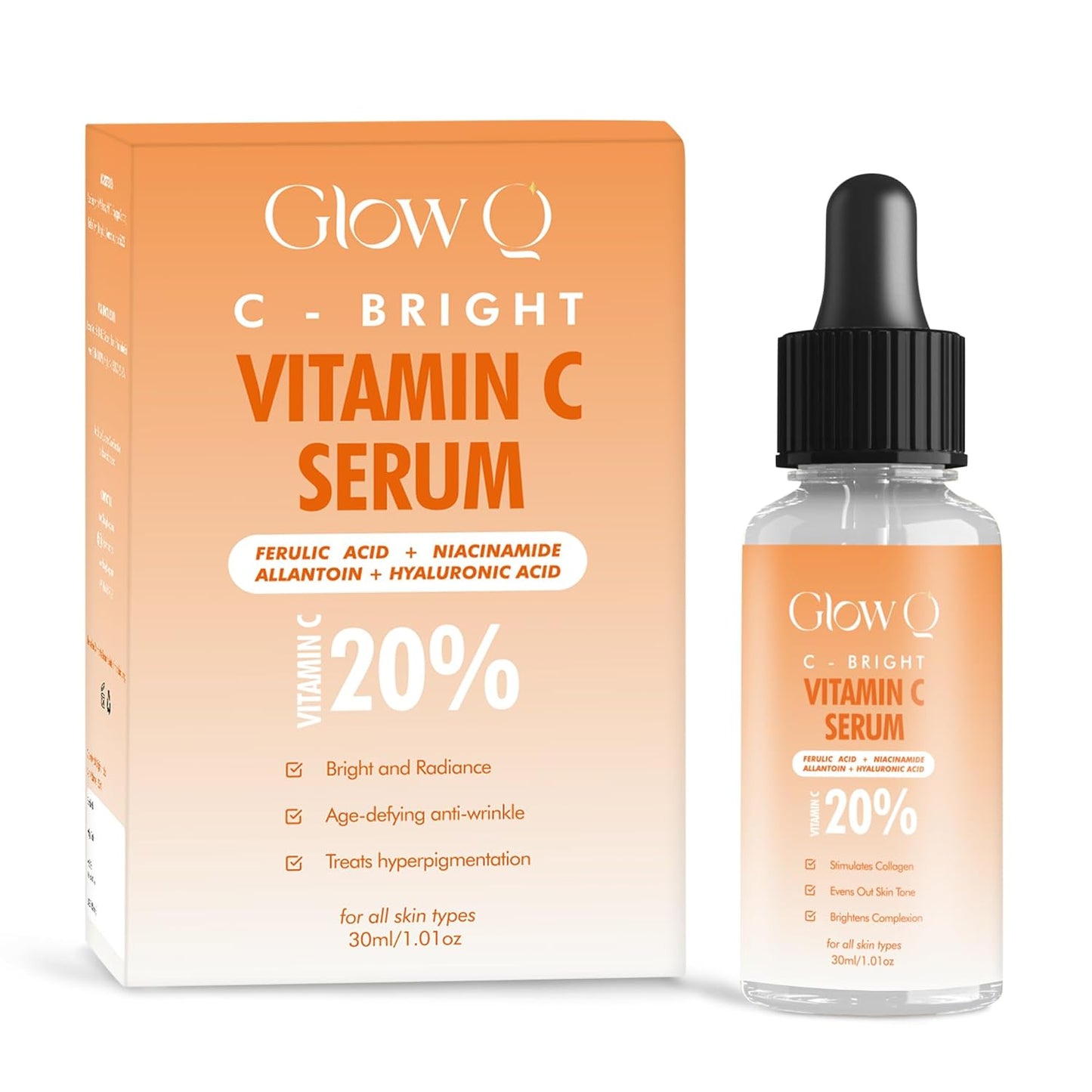 GLOW Q Vitamin C Face Serum- 20% Vitamin C Serum for Face with Niacinamide & Hyaluronic to Help Even Out Skin Tone & Brighten Complexion- Vitamin C Face Serum for Glowing Skin- For All Skin- 30m